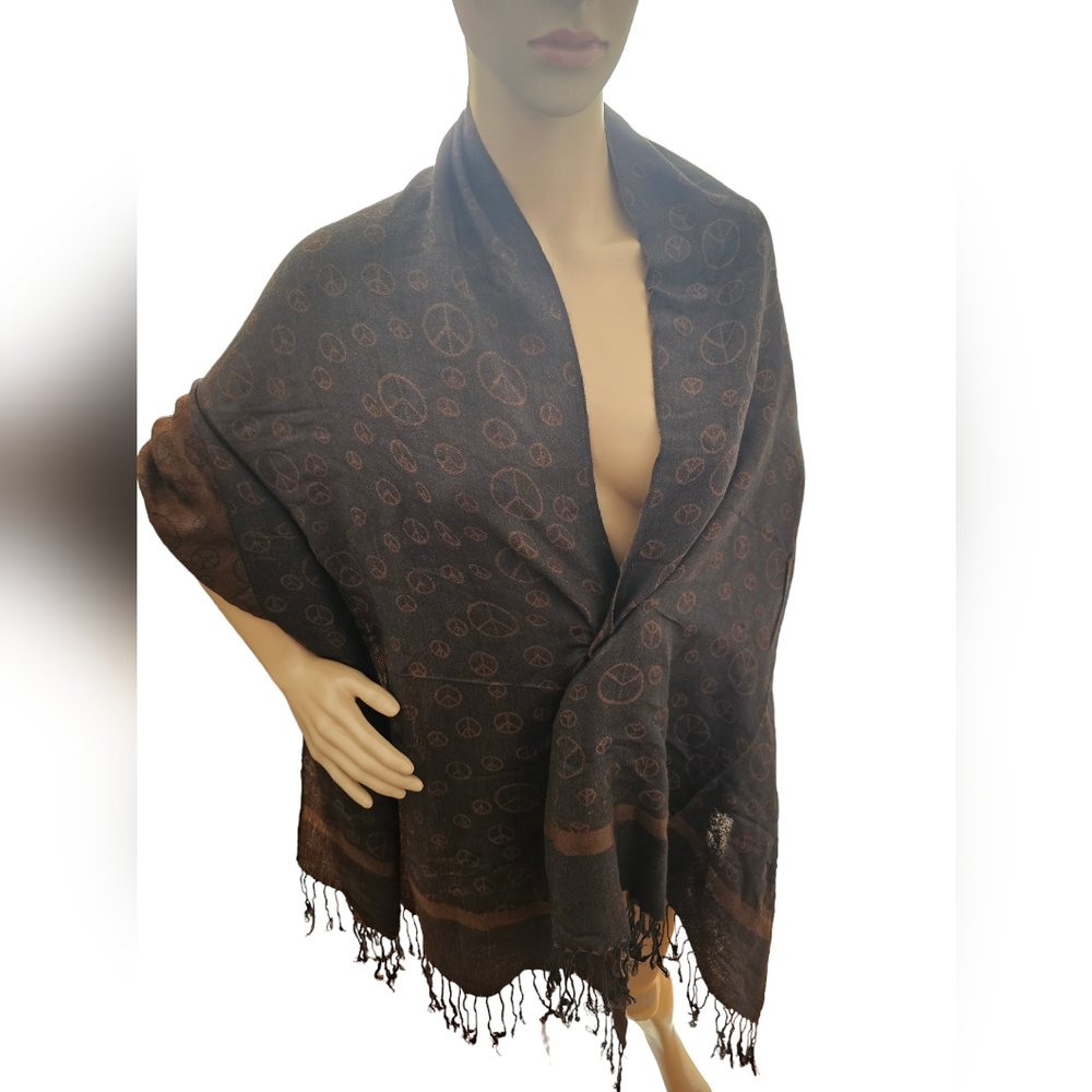 Pashmina Silk Peace Sign Boho Scarf Shawl Wrap Brown